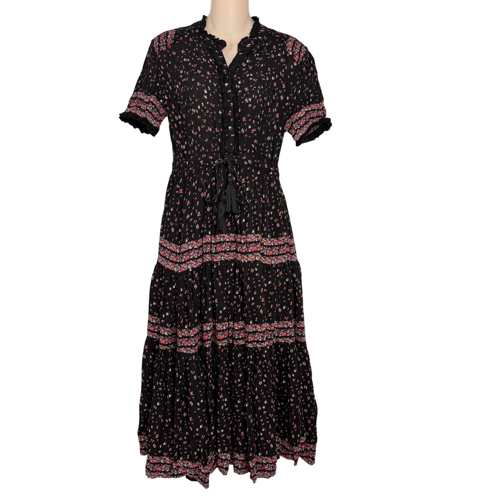 Free People Rare Feelings Dress XS Black Gauze Floral Tiered Smocked Ruffle Midi